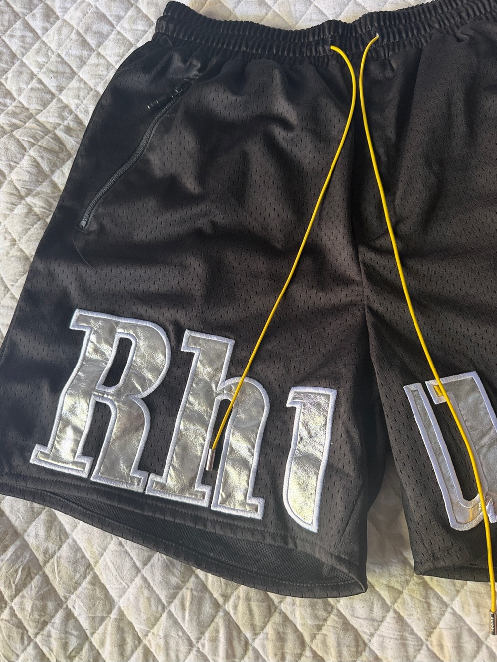 Rhude Black Mesh Athletic Shorts with Yellow Drawcord - Picture 2 of 9